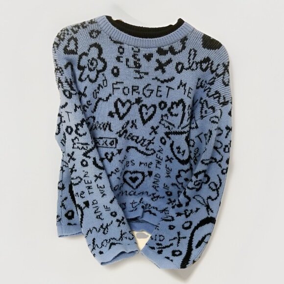 Gitano Knit Love Vtg Blue Black Doodle Print Sweater Sz S Casual Fall Graffiti - Picture 2 of 6